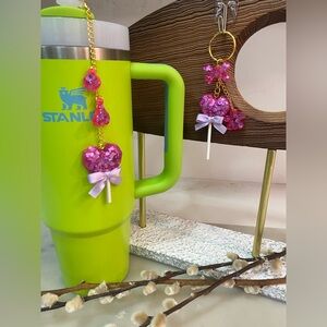 2 pieces heart set Stanley cup charm w/straw silicon & keychain party favors